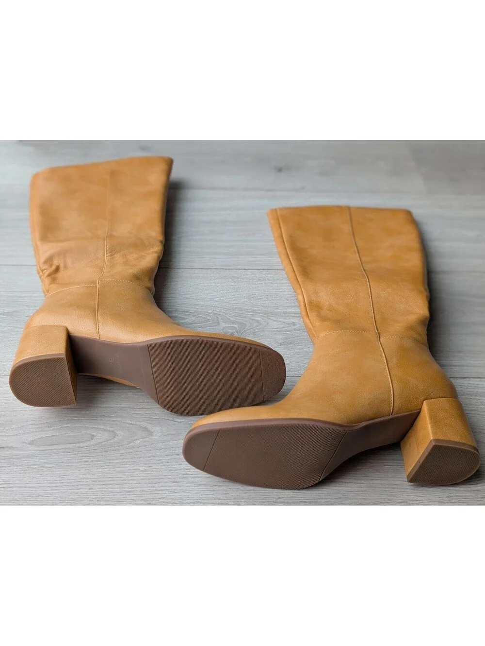Aiuniind Tan Camel Square Toe Chunky Heel Knee High Boots 9.5